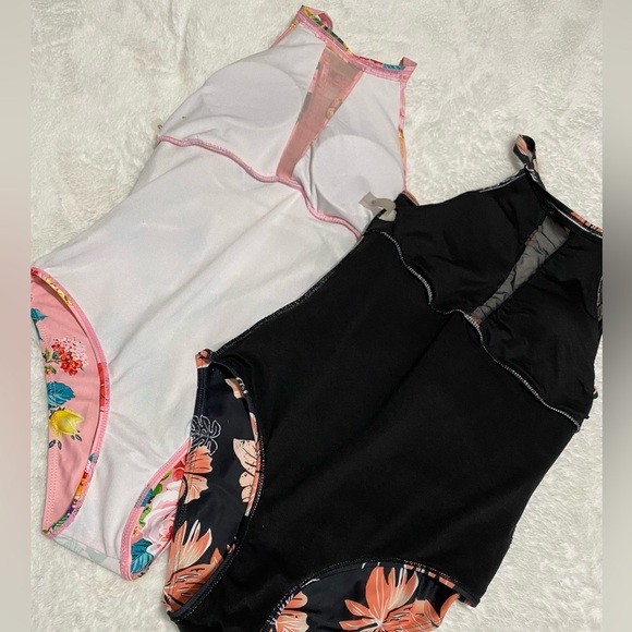 2️⃣ Tempt Me Women’s One Piece Swimsuits Pink and Black Flower V-Neckline Mesh. - Picture 9 of 16